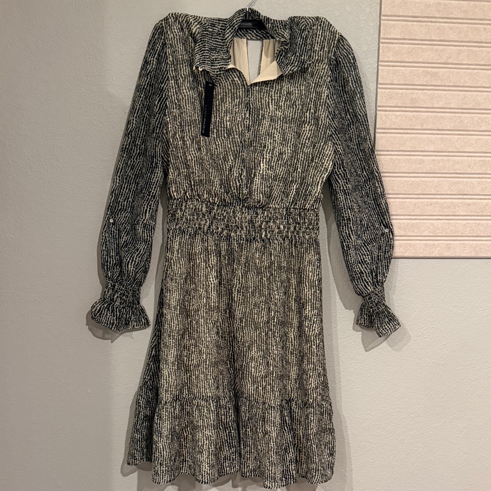 Lucy Paris Black & White Textured Long Sleeve Smocked Waist Dress
